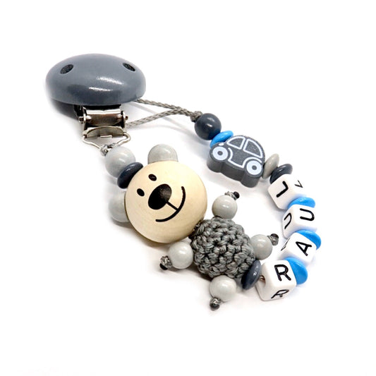 Schnullerkette mit Namen - Bär, Auto, Grau