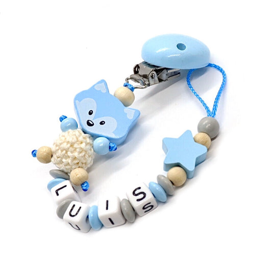 Schnullerkette mit Namen - Fuchs, Stern, Blau